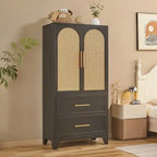 Armoire penderie en rotin avec tiroir et tringle à vêtements - 165H x 80L x 45P cm