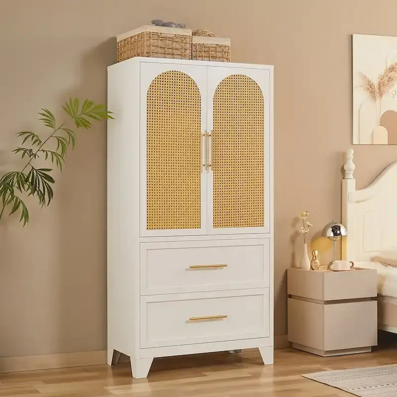 Armoire penderie en rotin avec tiroir et tringle à vêtements - 165H x 80L x 45P cm