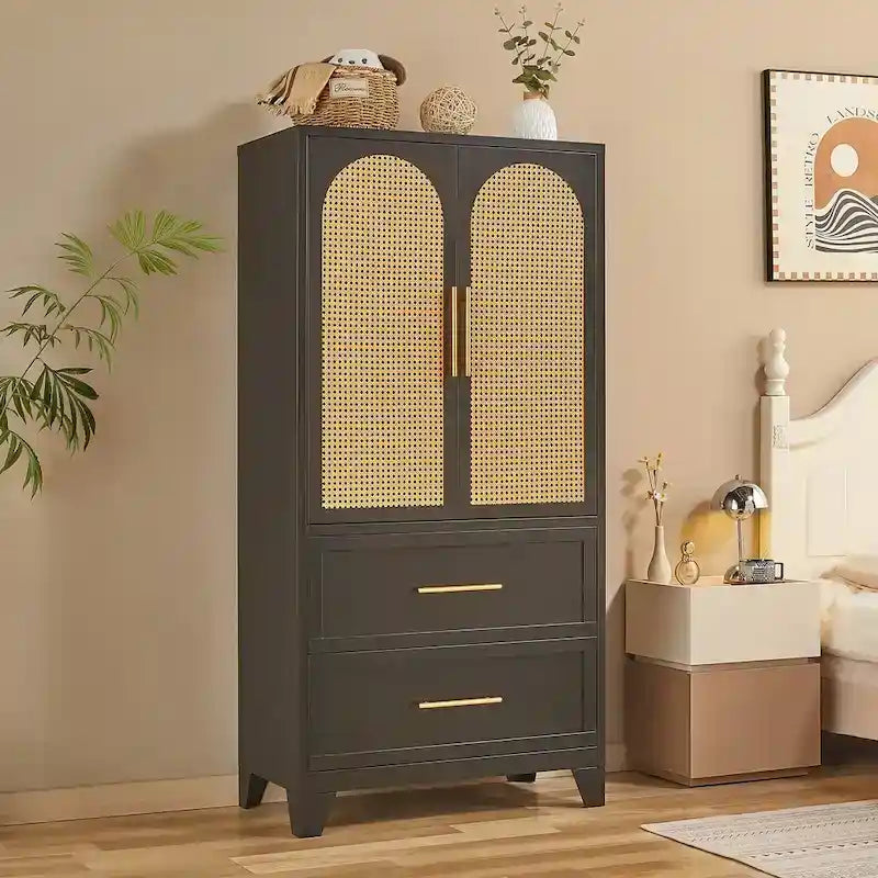 Armoire penderie en rotin avec tiroir et tringle à vêtements - 165H x 80L x 45P cm