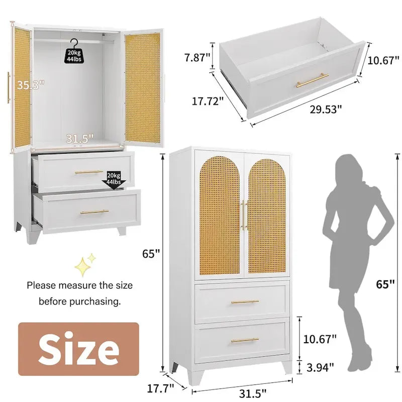 Armoire penderie en rotin avec tiroir et tringle à vêtements - 165H x 80L x 45P cm