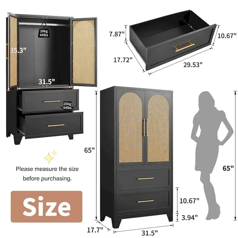 Armoire penderie en rotin avec tiroir et tringle à vêtements - 165H x 80L x 45P cm