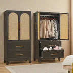 Armoire penderie en rotin avec tiroir et tringle à vêtements - 165H x 80L x 45P cm