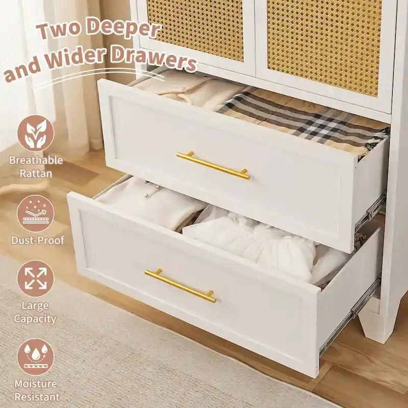 Armoire penderie en rotin avec tiroir et tringle à vêtements - 165H x 80L x 45P cm
