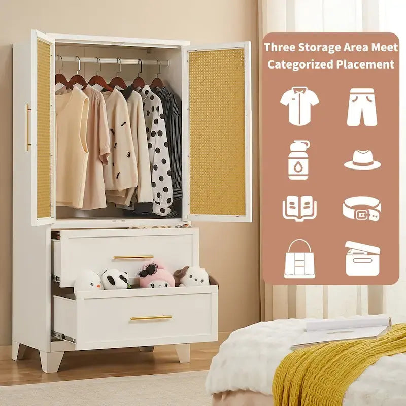 Armoire penderie en rotin avec tiroir et tringle à vêtements - 165H x 80L x 45P cm