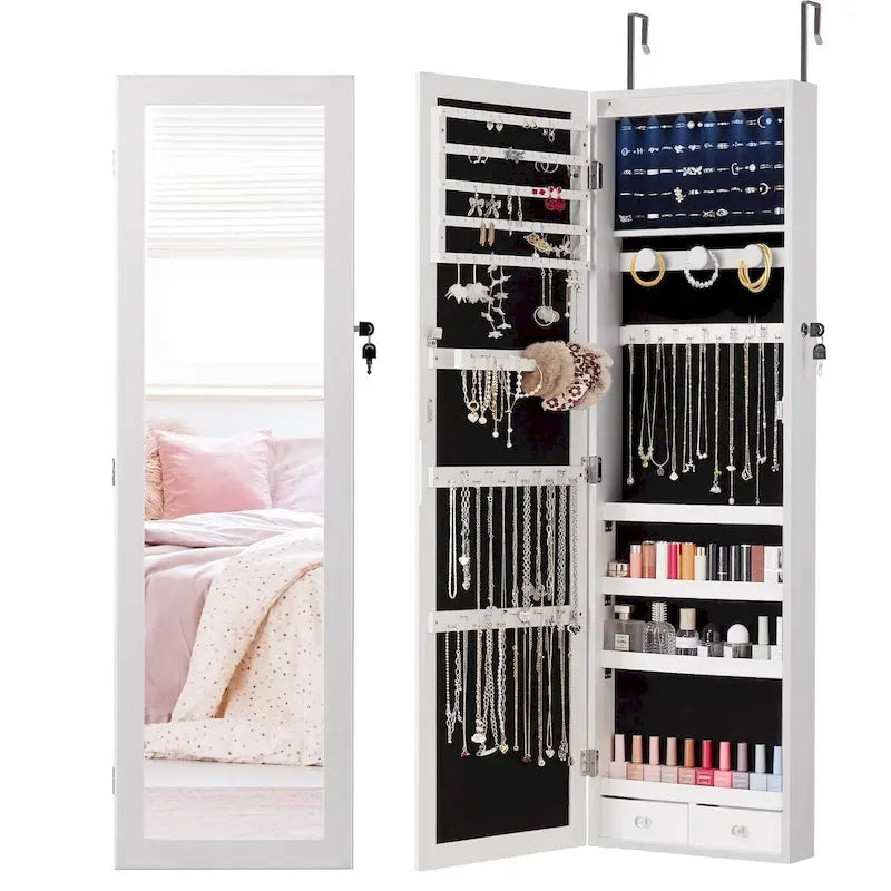 Armoire à bijoux murale ou à suspendre en bois blanc de 14 po de largeur avec miroir pleine longueur et serrure