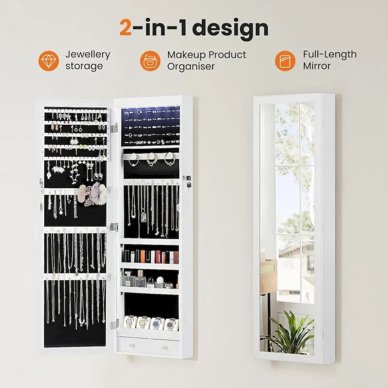Armoire à bijoux murale ou à suspendre en bois blanc de 14 po de largeur avec miroir pleine longueur et serrure