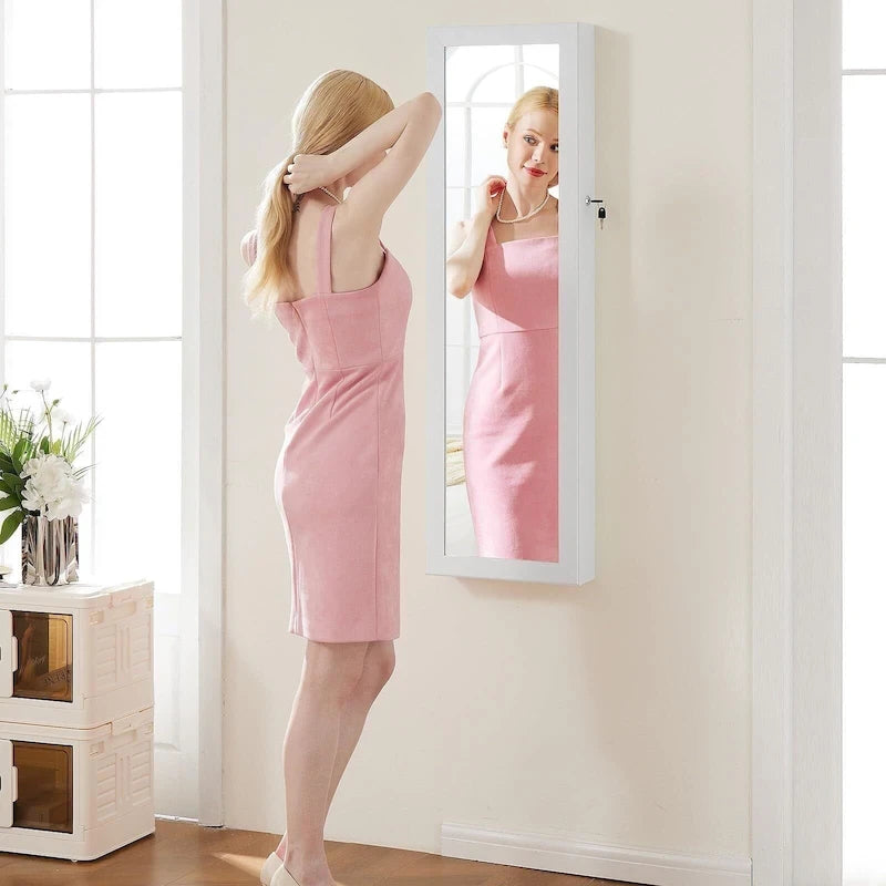 Armoire à bijoux murale ou à suspendre en bois blanc de 14 po de largeur avec miroir pleine longueur et serrure