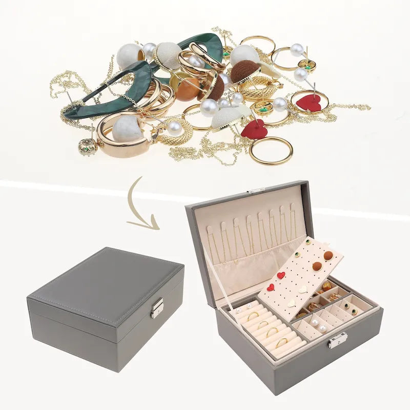 Boîte à bijoux 2 couches pour filles et femmes, cadeaux d'anniversaire, organisateur de bijoux en cuir PU avec tiroir, plateau à bijoux amovible