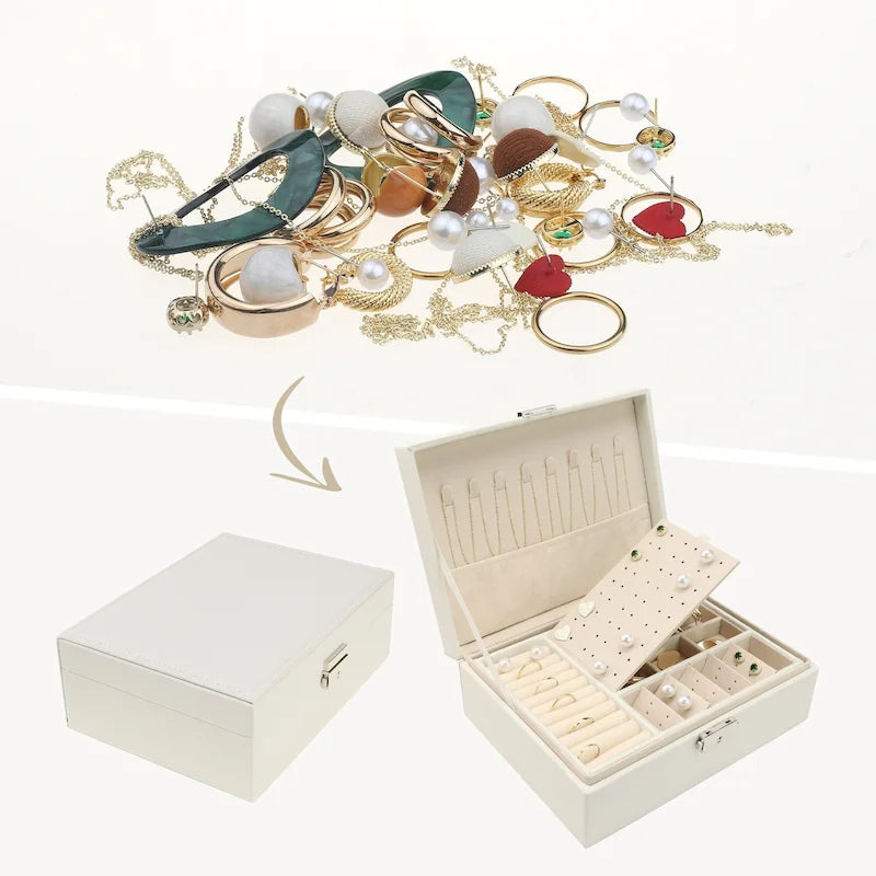 Boîte à bijoux 2 couches pour filles et femmes, cadeaux d'anniversaire, organisateur de bijoux en cuir PU avec tiroir, plateau à bijoux amovible