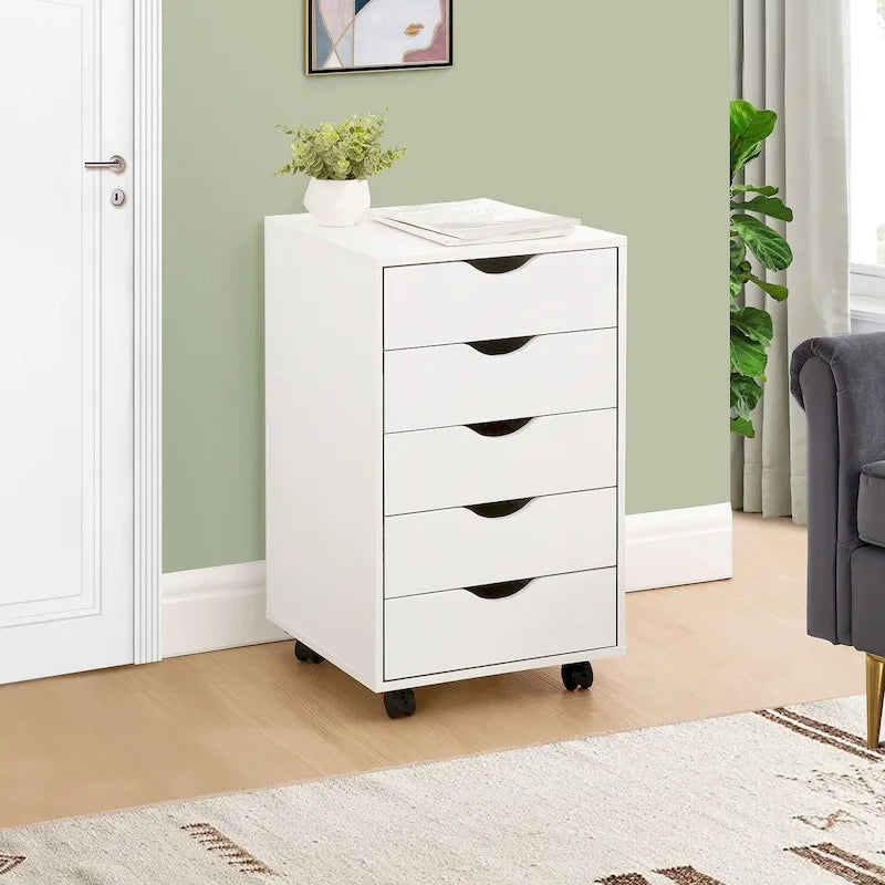 Commode à 5 tiroirs, commode de rangement en bois avec roulettes, organisateur de rangement pour travaux manuels et unité de rangement de bureau avec tiroirs
