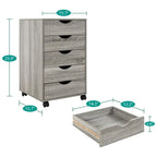 Commode à 5 tiroirs, commode de rangement en bois avec roulettes, organisateur de rangement pour travaux manuels et unité de rangement de bureau avec tiroirs