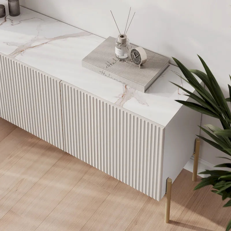 Meuble TV console beige pour téléviseurs jusqu'à 65 po avec pieds en métal au design Art déco