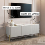 Meuble TV console beige pour téléviseurs jusqu'à 65 po avec pieds en métal au design Art déco