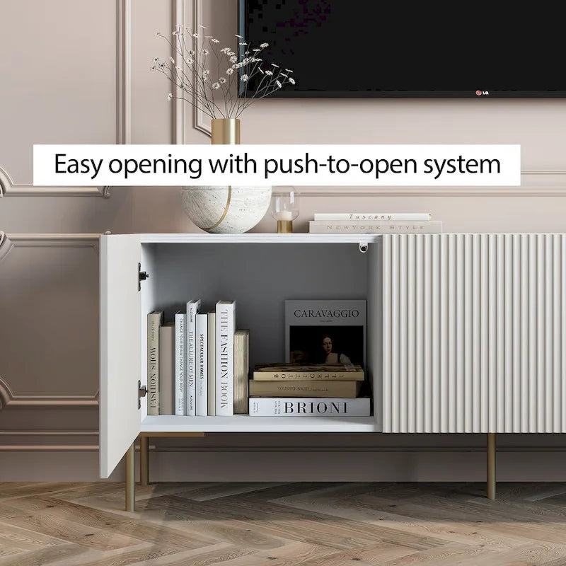 Meuble TV console beige pour téléviseurs jusqu'à 65 po avec pieds en métal au design Art déco