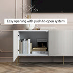 Meuble TV console beige pour téléviseurs jusqu'à 65 po avec pieds en métal au design Art déco