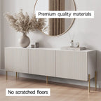 Meuble TV console beige pour téléviseurs jusqu'à 65 po avec pieds en métal au design Art déco