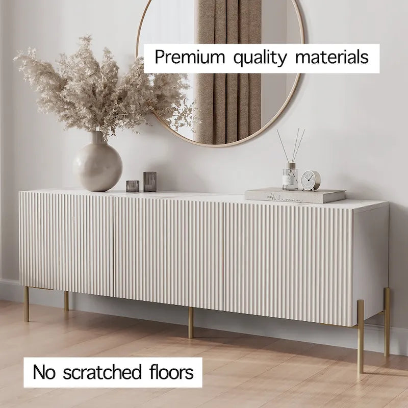 Meuble TV console beige pour téléviseurs jusqu'à 65 po avec pieds en métal au design Art déco
