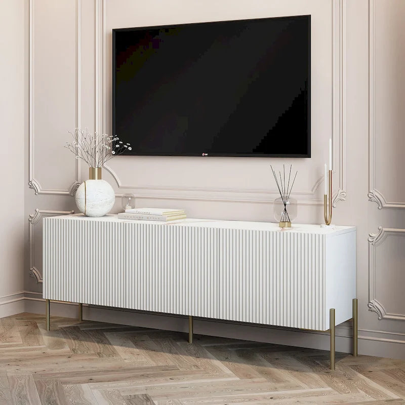 Meuble TV console beige pour téléviseurs jusqu'à 65 po avec pieds en métal au design Art déco