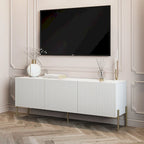 Meuble TV console beige pour téléviseurs jusqu'à 65 po avec pieds en métal au design Art déco