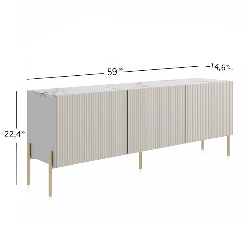 Meuble TV console beige pour téléviseurs jusqu'à 65 po avec pieds en métal au design Art déco