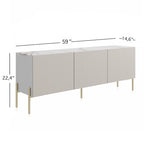 Meuble TV console beige pour téléviseurs jusqu'à 65 po avec pieds en métal au design Art déco