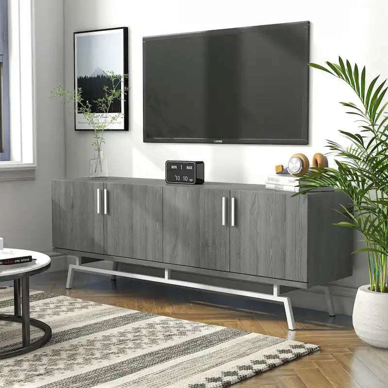 Meuble TV moderne avec base métallique, 4 portes, 60 pouces