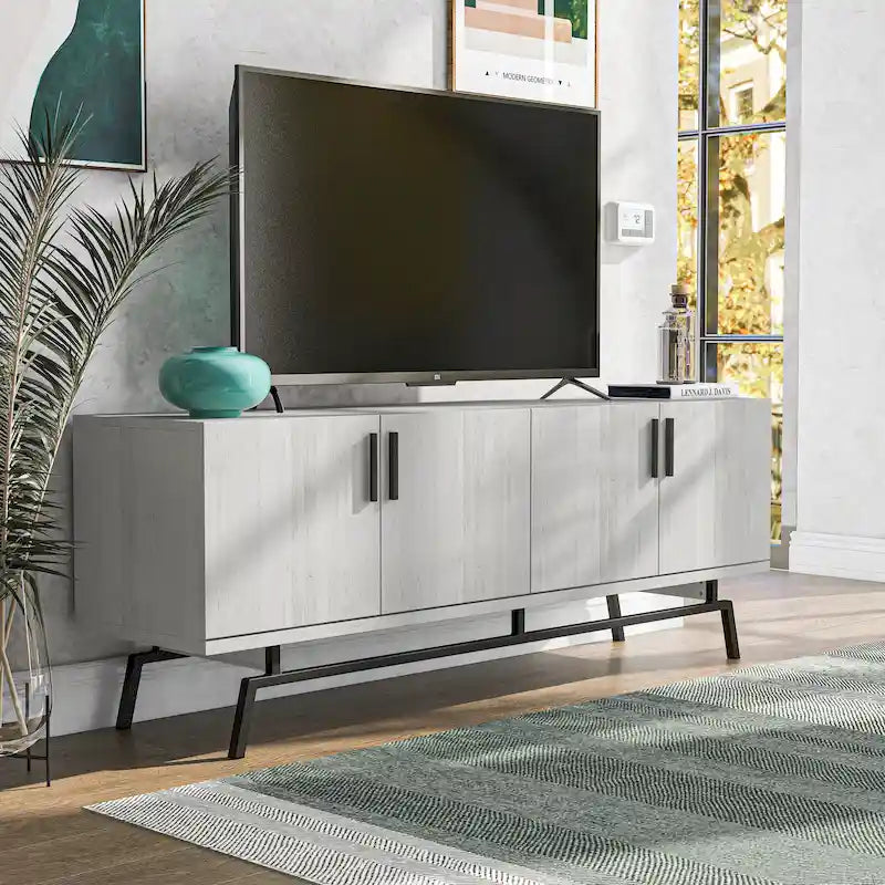 Meuble TV moderne avec base métallique, 4 portes, 60 pouces