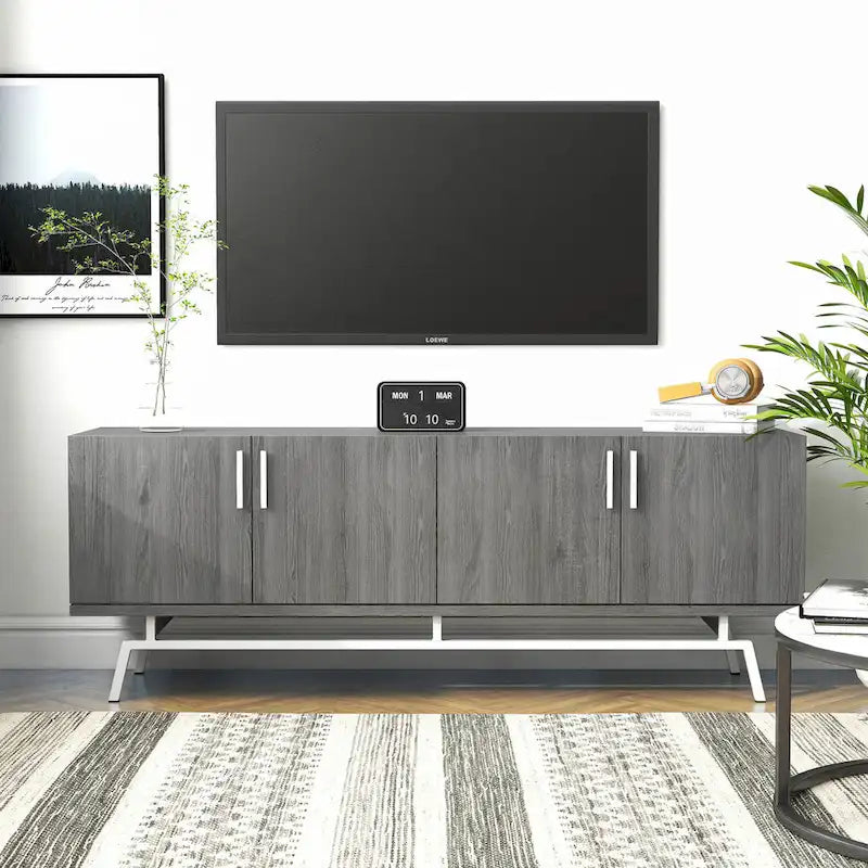 Meuble TV moderne avec base métallique, 4 portes, 60 pouces