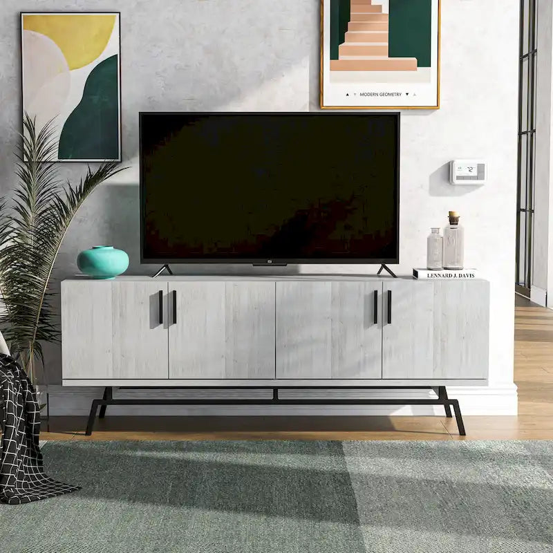 Meuble TV moderne avec base métallique, 4 portes, 60 pouces