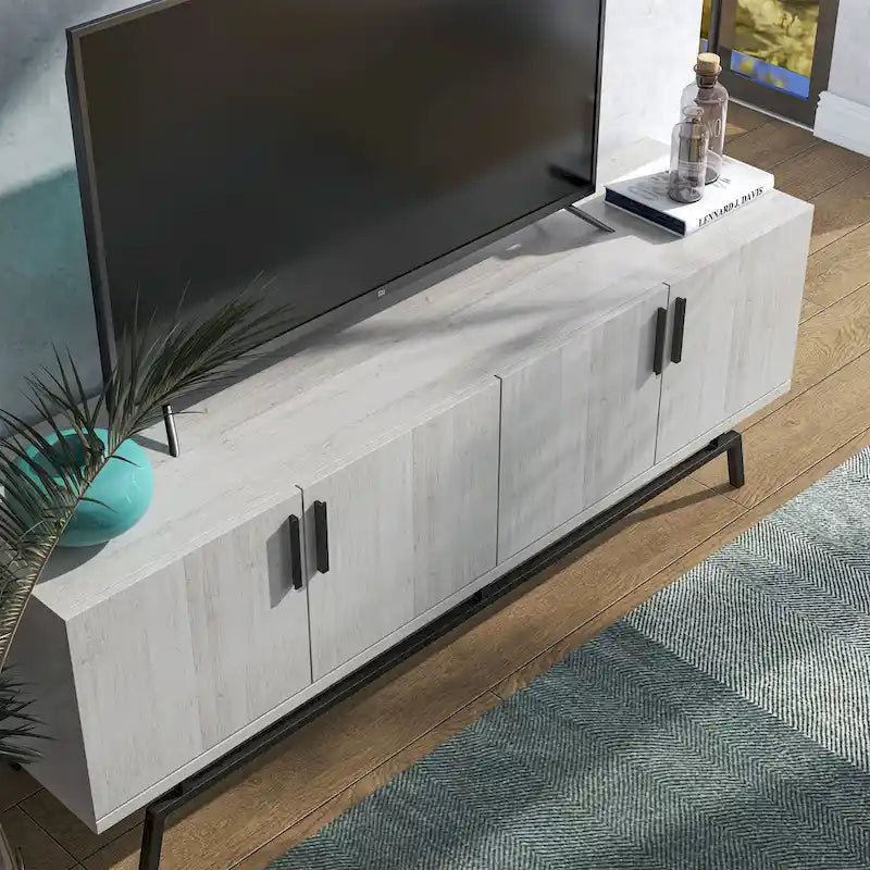 Meuble TV moderne avec base métallique, 4 portes, 60 pouces