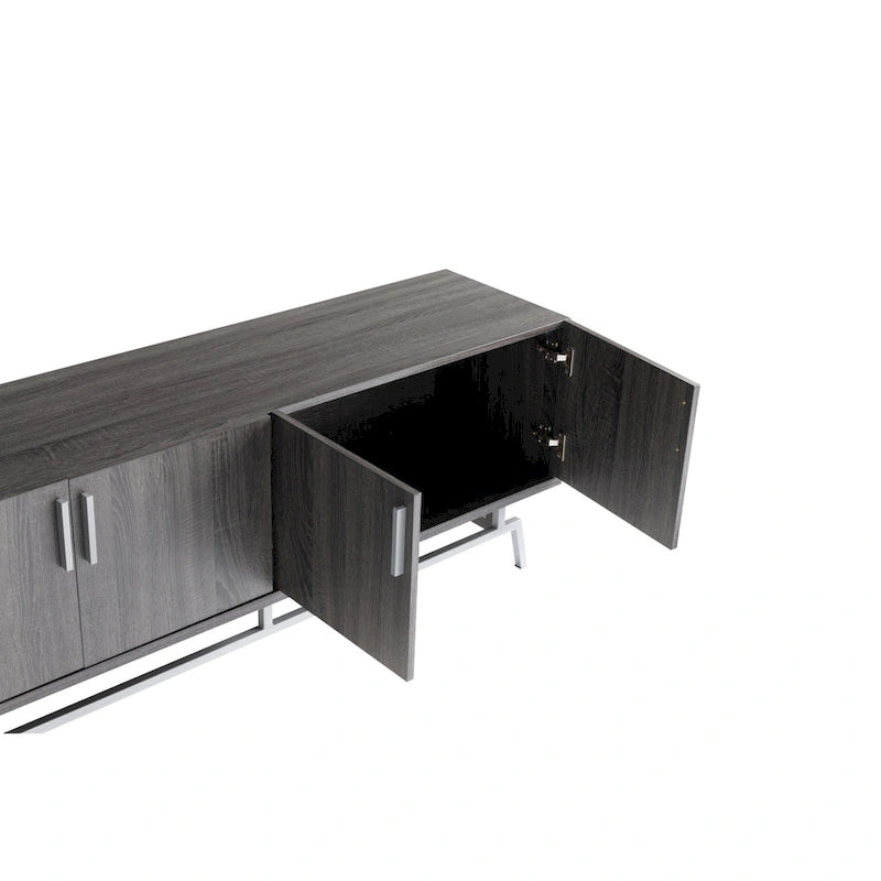 Meuble TV moderne avec base métallique, 4 portes, 60 pouces