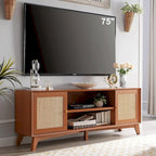 Meuble TV en rotin de style moderne du milieu du siècle pour téléviseur de 75 pouces, centre de divertissement