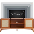 Meuble TV en rotin de style moderne du milieu du siècle pour téléviseur de 75 pouces, centre de divertissement