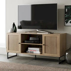  Mina Modern TV Stand Entertainment Cabinet Media Console Oak Wood and Black Accents w/ Storage Doors