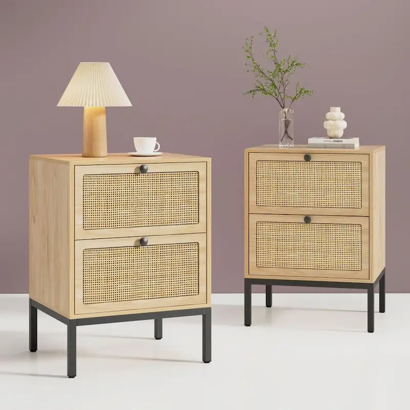 Boho Natural Rattan Nightstand with Drawer  of 2