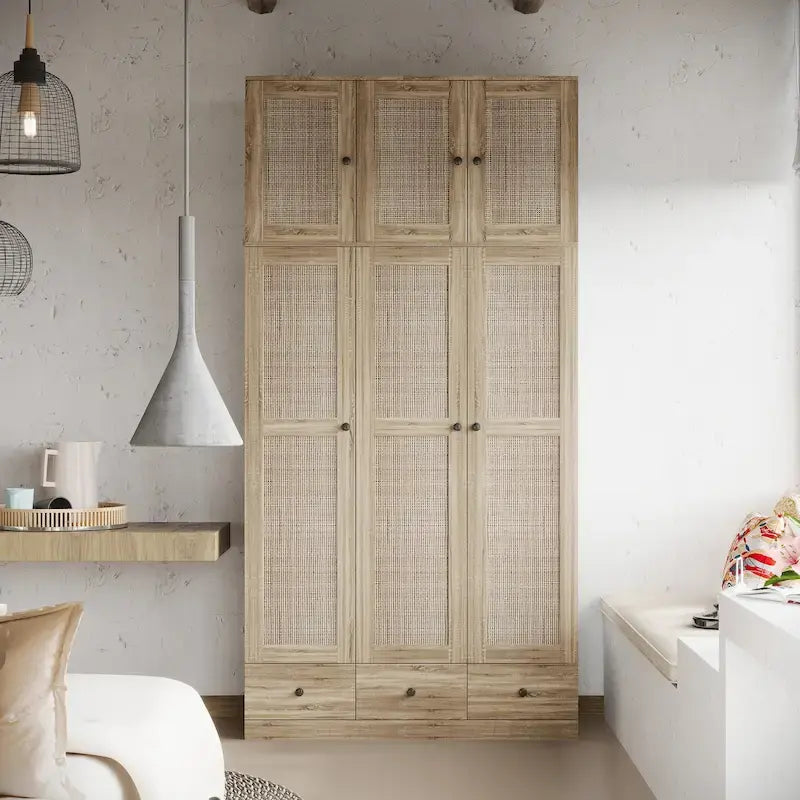 Armoire avec accents en rotin - Organisateur de vêtements spacieux et stylé