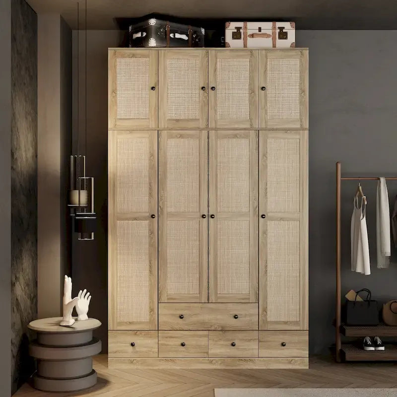 Armoire avec accents en rotin - Organisateur de vêtements spacieux et stylé