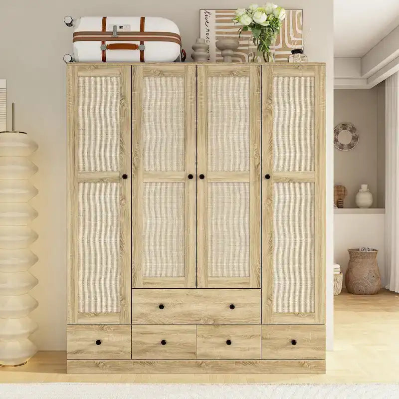 Armoire avec accents en rotin - Organisateur de vêtements spacieux et stylé
