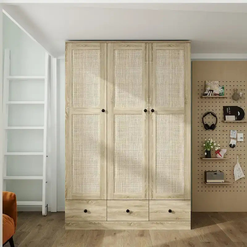 Armoire avec accents en rotin - Organisateur de vêtements spacieux et stylé