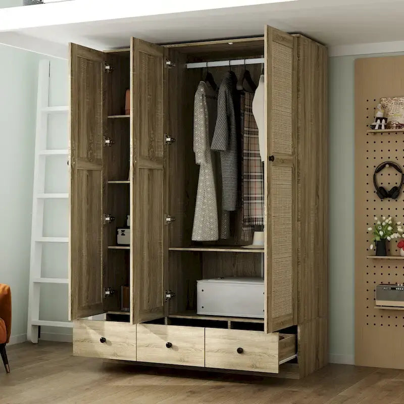 Armoire avec accents en rotin - Organisateur de vêtements spacieux et stylé