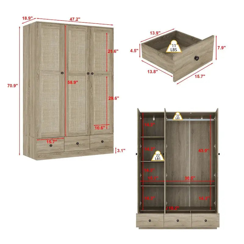 Armoire avec accents en rotin - Organisateur de vêtements spacieux et stylé