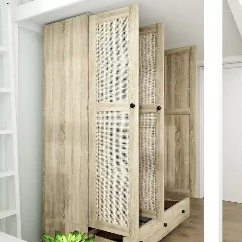 Armoire avec accents en rotin - Organisateur de vêtements spacieux et stylé