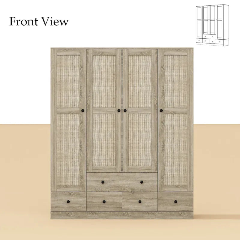 Armoire avec accents en rotin - Organisateur de vêtements spacieux et stylé