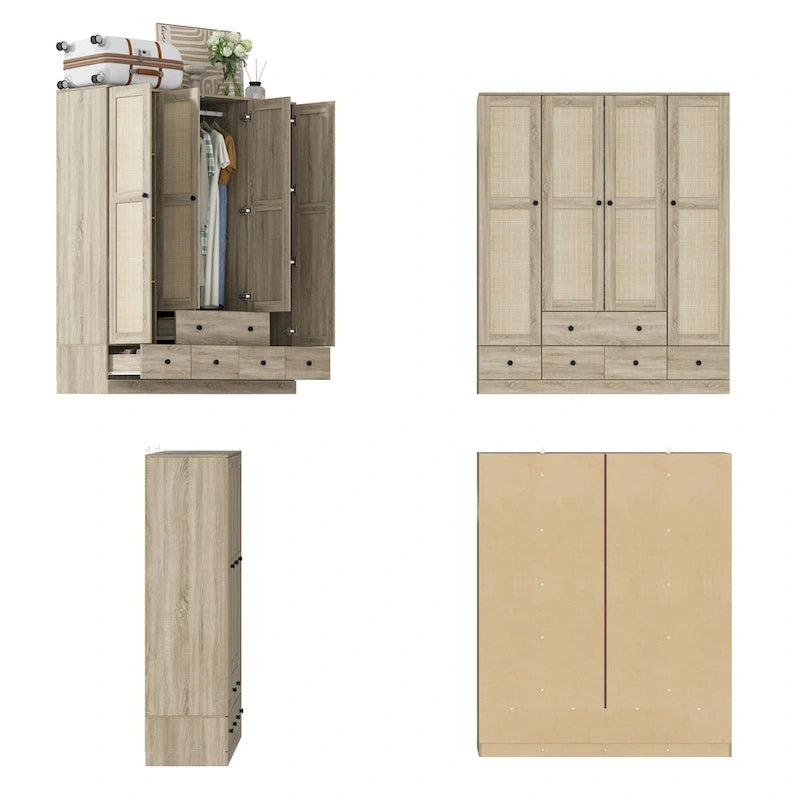 Armoire avec accents en rotin - Organisateur de vêtements spacieux et stylé