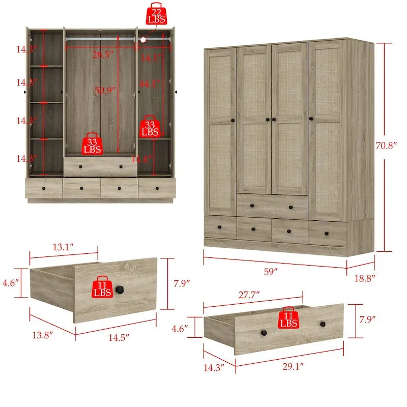 Armoire avec accents en rotin - Organisateur de vêtements spacieux et stylé