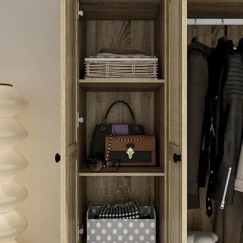 Armoire avec accents en rotin - Organisateur de vêtements spacieux et stylé