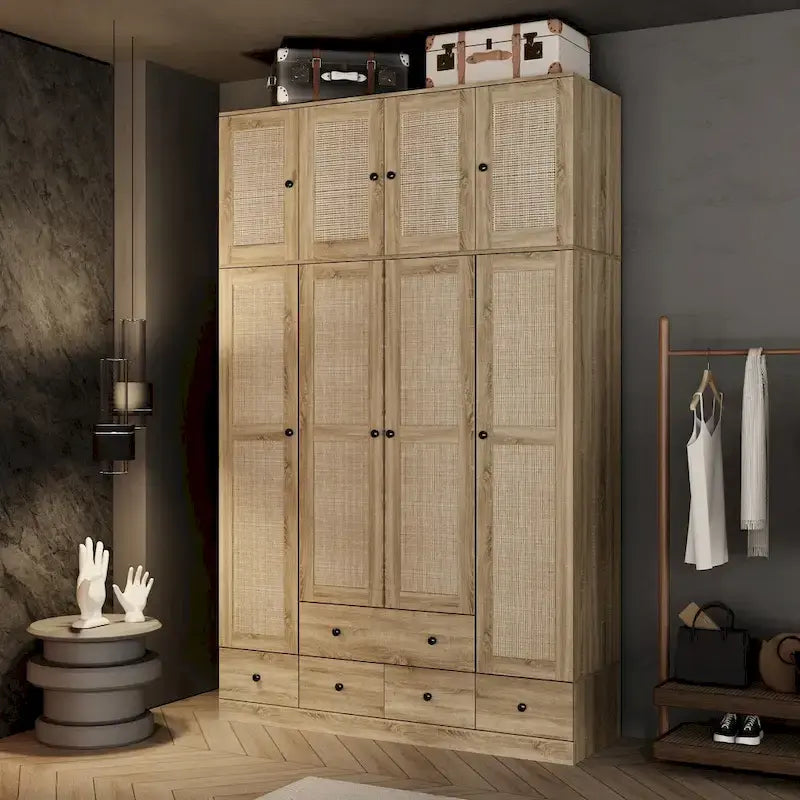 Armoire avec accents en rotin - Organisateur de vêtements spacieux et stylé