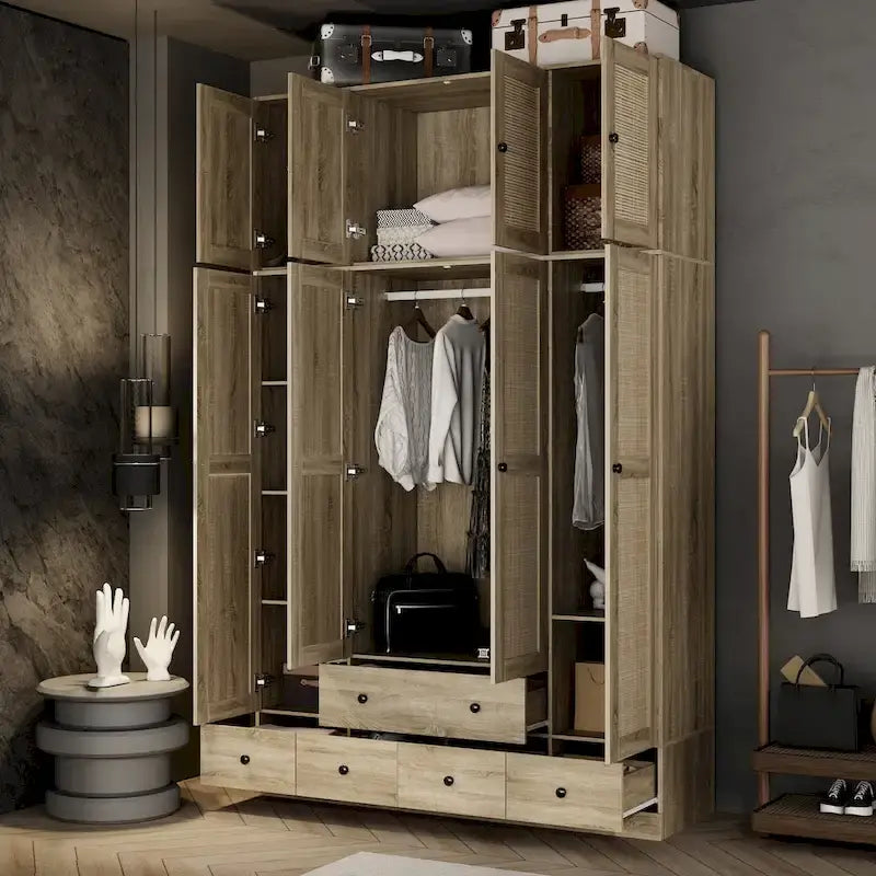 Armoire avec accents en rotin - Organisateur de vêtements spacieux et stylé