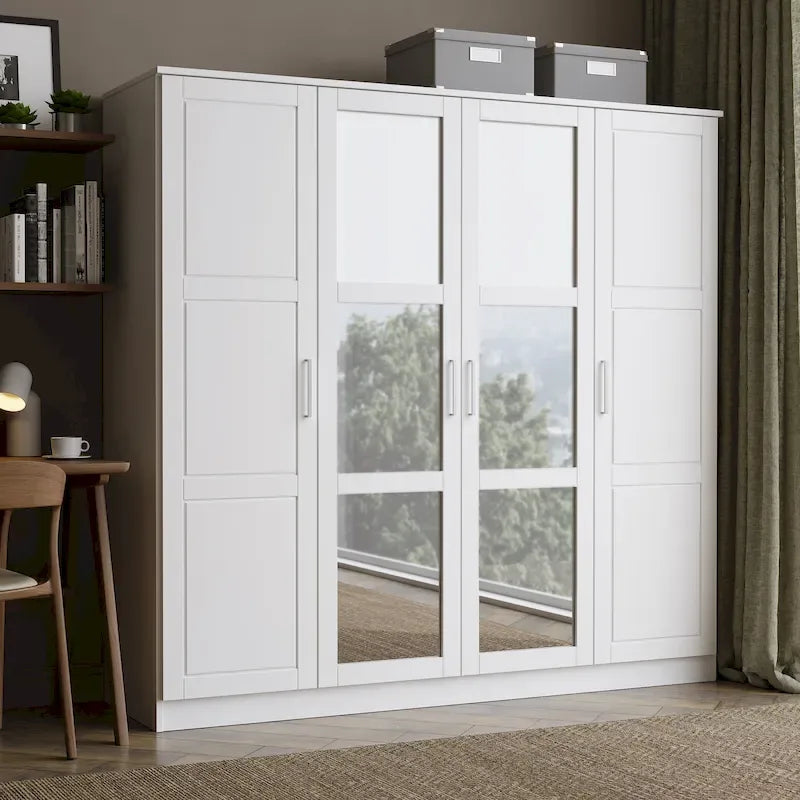 Armoire 100 % en bois massif à 4 portes avec portes en bois massif ou portes miroirs
