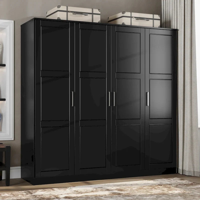Armoire 100 % en bois massif à 4 portes avec portes en bois massif ou portes miroirs
